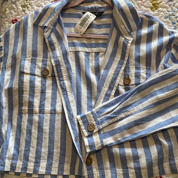 Charlie B linen blend striped jacket blue/ white NWT Sz Med see pic for material - Picture 5 of 9